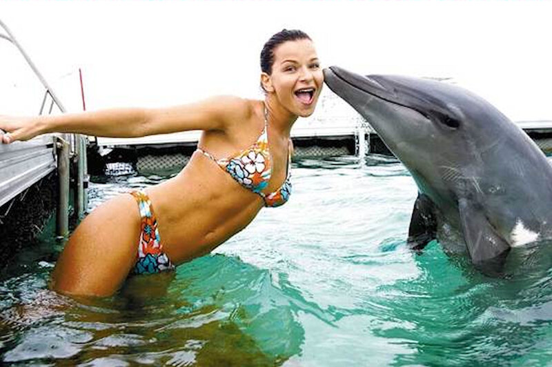 woman in bikini with dolphin