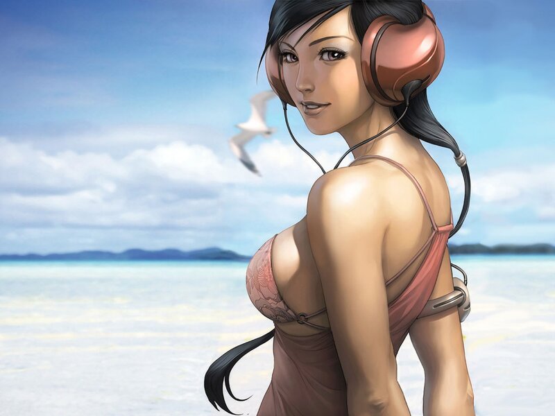 Woman in bikini with headphones