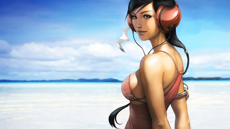 woman in bikini with headphones