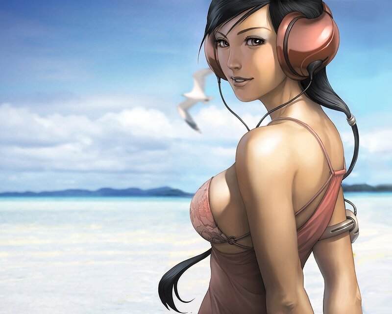 Woman in bikini with headphones