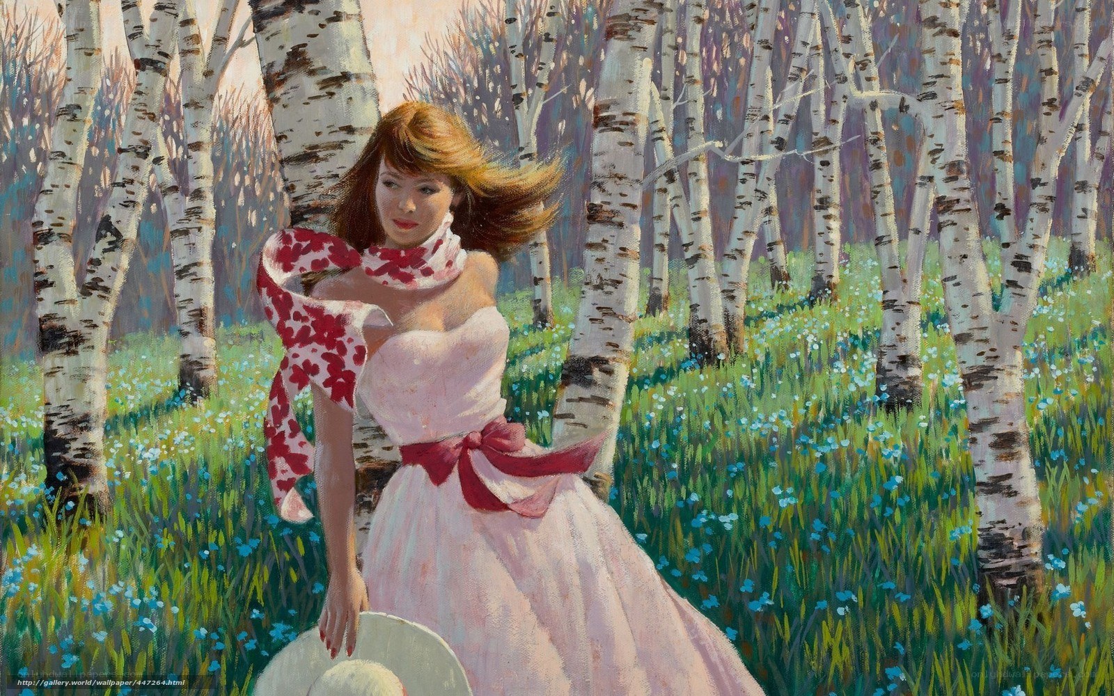 Woman in birch forest
