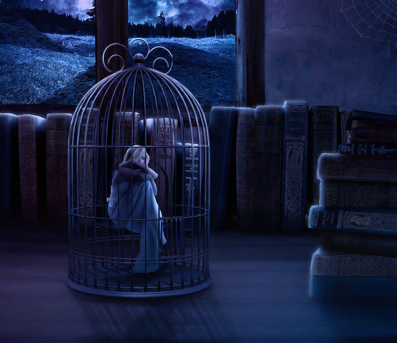 Woman in Birdcage — Blue, Dramatic