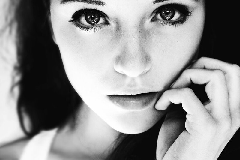Woman in Black and White — Dramatic, Photograph, Hand, Eyes