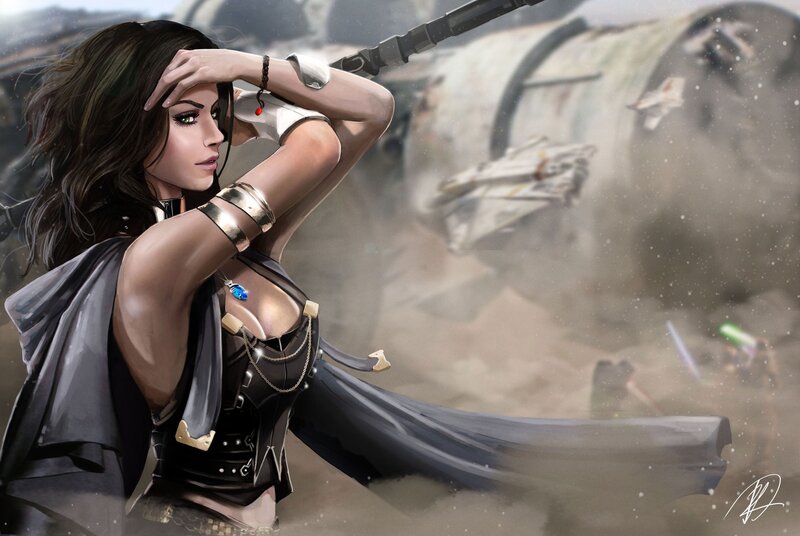 Woman in Black Armor — Dramatic, Digital Art, Saber