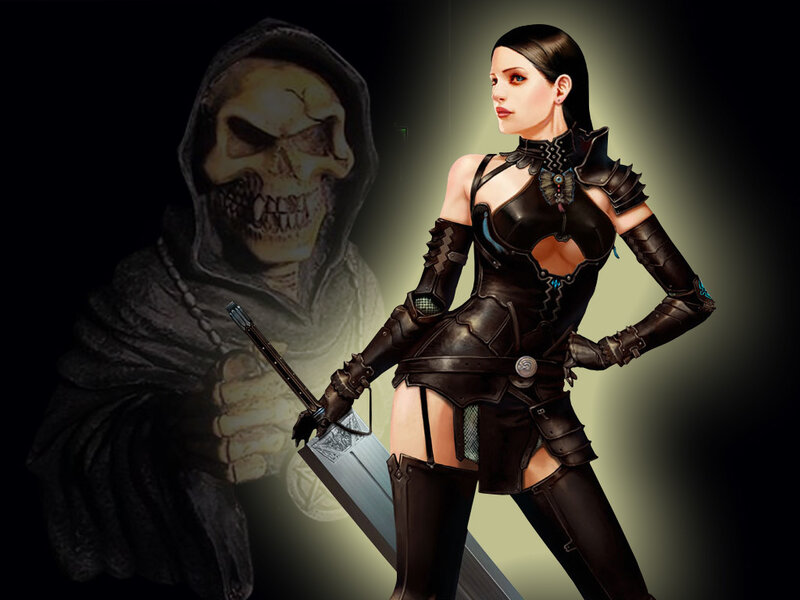 Woman in Black Armor — Dramatic, Digital Art, Sword, Skeleton