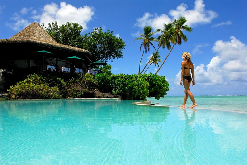 Woman in Black Bikini — Blue, Serene, Afternoon, Photograph, Palm Trees