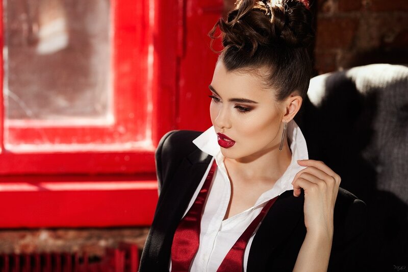 Woman in Black Blazer — Red, Dramatic, Photograph, Red Window