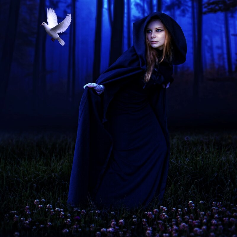 Woman in Black Cloak — Blue, Dramatic, Night