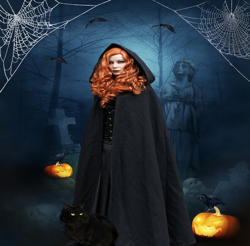 Woman in Black Cloak — Dark, Night, Digital Art, Black Cat