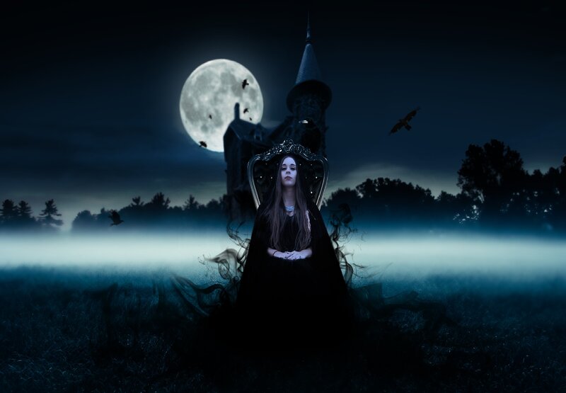 Woman in Black Cloak — Dark, Night, Digital Art, Moon
