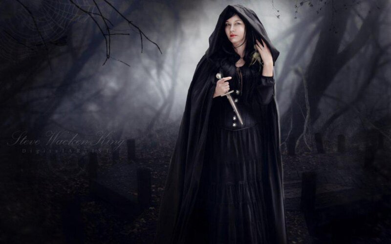 Woman in Black Cloak — Dark, Night, Digital Art, Sword, Forest