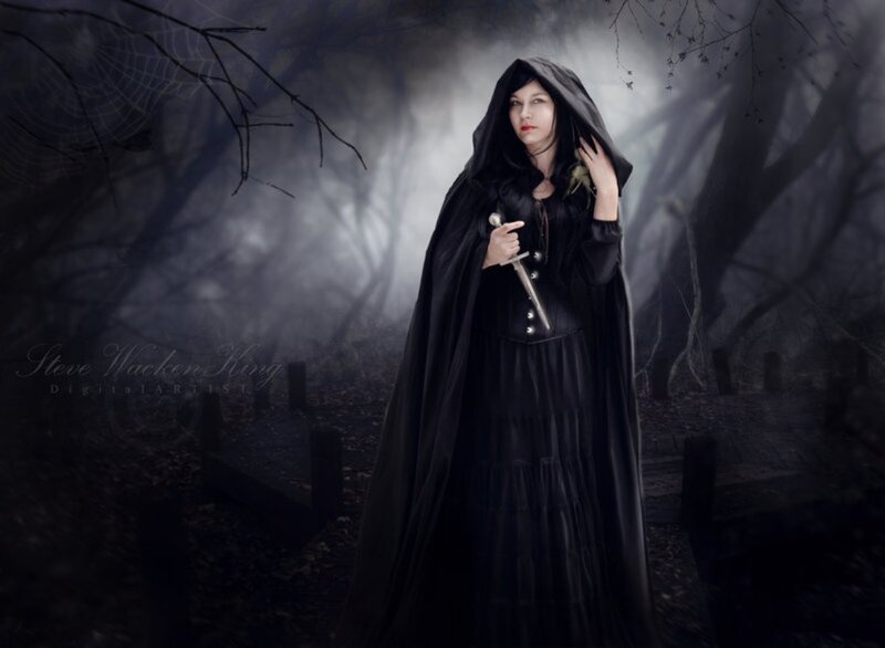 Woman in Black Cloak — Dark, Night, Digital Art, Sword