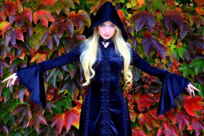 Woman in Black Cloak — Dramatic, Autumn, Photograph, Leaves