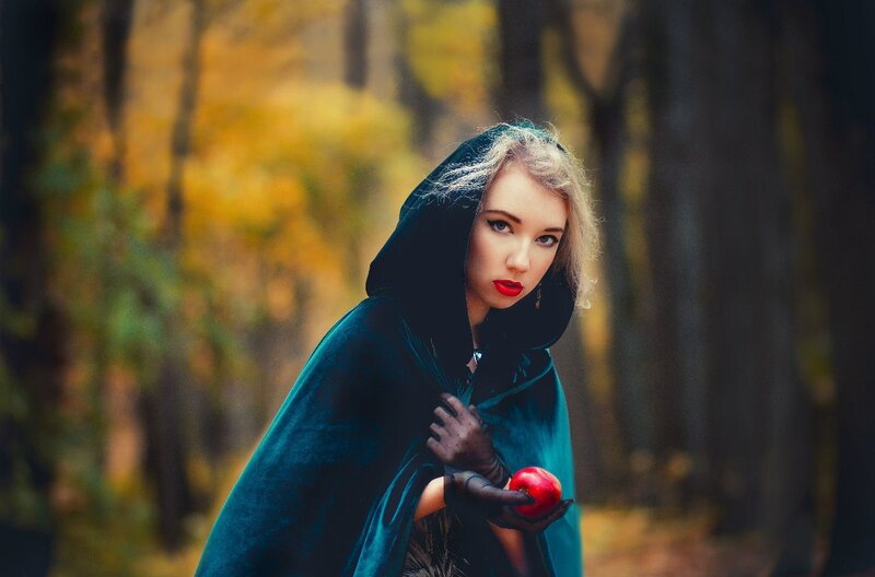 Woman in Black Cloak — Dramatic, Autumn, Photograph, Red Apple, Forest