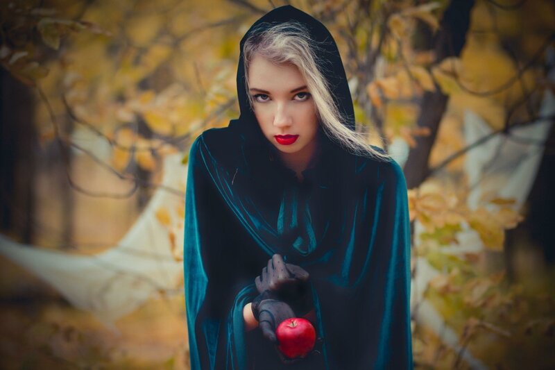 Woman in Black Cloak — Dramatic, Autumn, Photograph, Red Apple