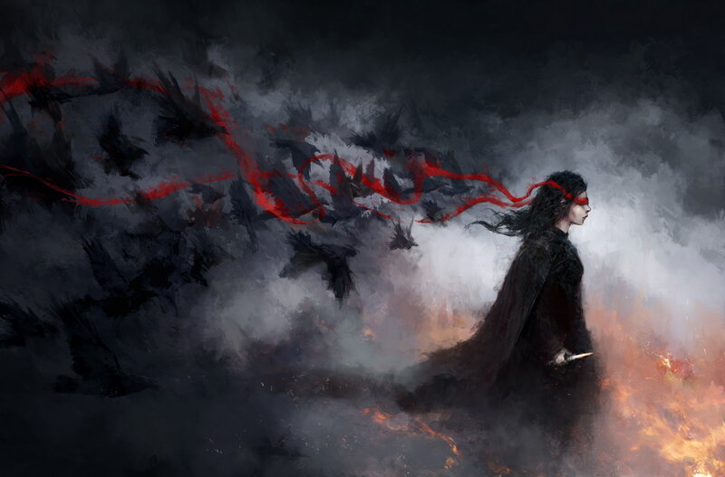 Woman in Black Cloak — Dramatic, Digital Art, Crows, Fire
