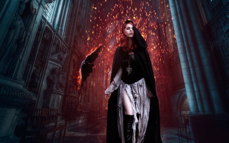 Woman in Black Cloak — Dramatic, Digital Art, Fire, Cathedral