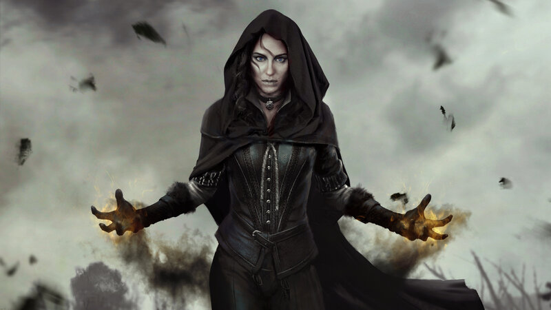 Woman in Black Cloak — Dramatic, Digital Art, Fire, Crows