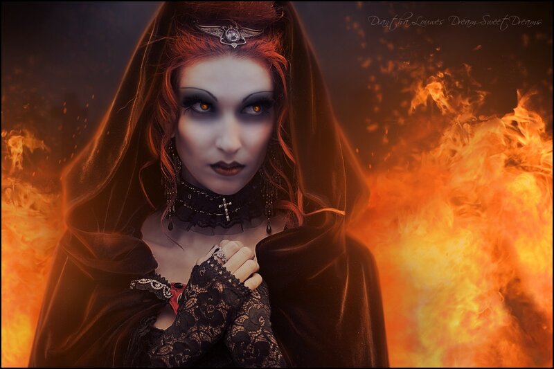 Woman in Black Cloak — Dramatic, Digital Art, Fire, Makeup