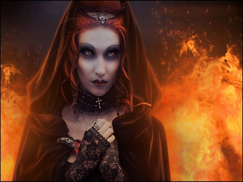 Woman in Black Cloak — Dramatic, Digital Art, Fire