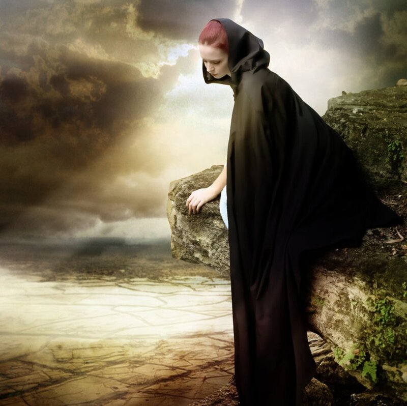 Woman in Black Cloak — Dramatic, Digital Art, Rocks