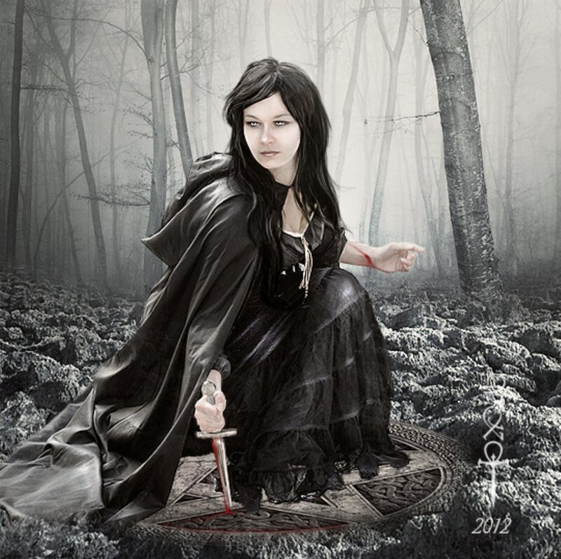 Woman in Black Cloak — Dramatic, Digital Art, Sword