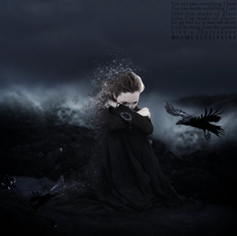 Woman in Black Cloak — Dramatic, Night, Digital Art, Crows