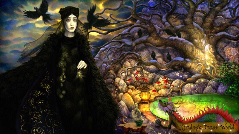 Woman in Black Cloak — Dramatic, Night, Digital Art, Crows, Tree