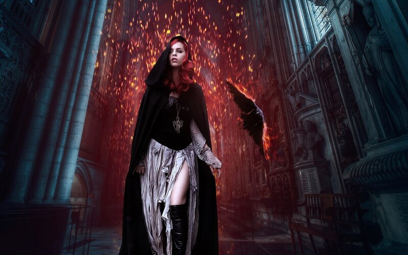 Woman in Black Cloak — Dramatic, Night, Digital Art, Fire, Cathedral