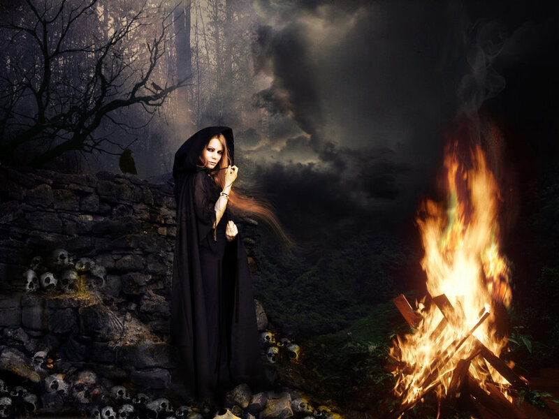 Woman in Black Cloak — Dramatic, Night, Digital Art, Fire