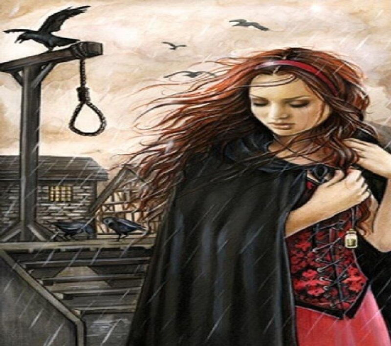 Woman in Black Cloak — Dramatic, Night, Digital Art, Gallows