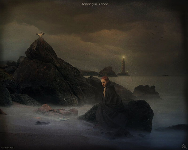 Woman in Black Cloak — Dramatic, Night, Digital Art, Lighthouse