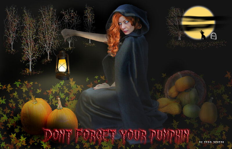 Woman in Black Cloak — Dramatic, Night, Digital Art, Pumpkins
