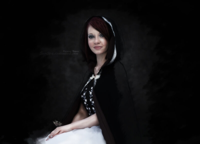 Woman in Black Cloak — Dramatic, Night, Digital Art, Red Hair