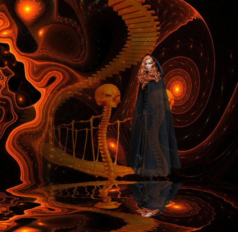 Woman in Black Cloak — Dramatic, Night, Digital Art, Skeleton