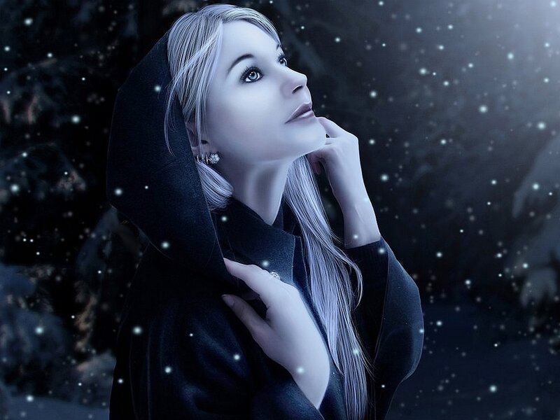 Woman in Black Cloak — Dramatic, Night, Digital Art, Snow