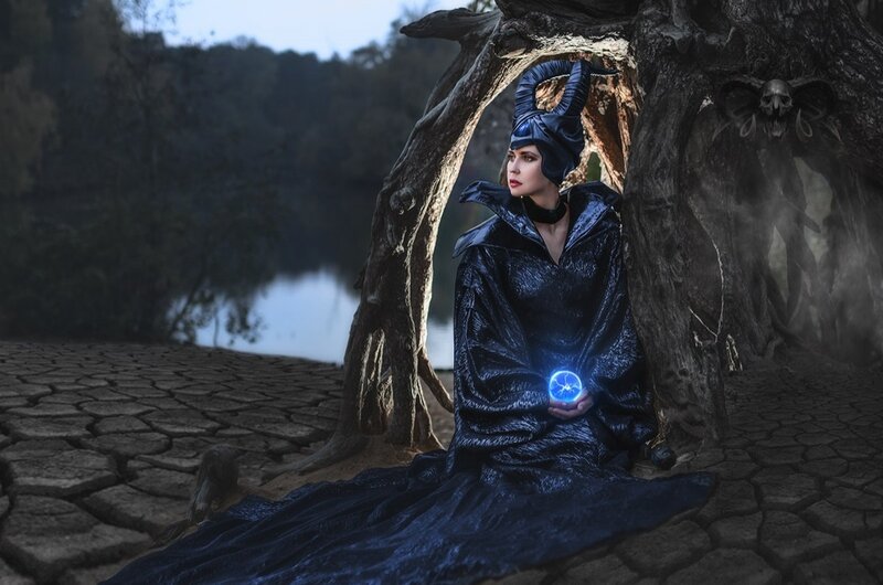 Woman in Black Cloak — Dramatic, Night, Photograph, Tree