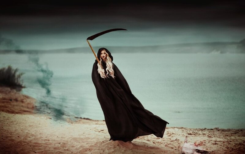 Woman in Black Cloak — Dramatic, Photograph, Scythe