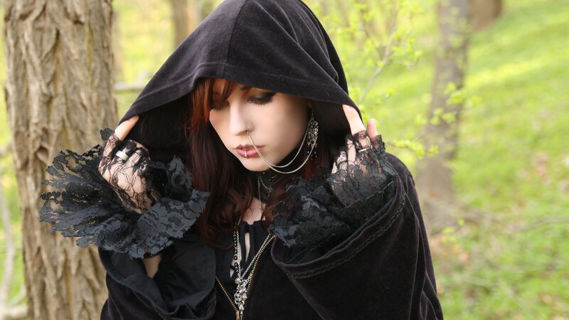 Woman in Black Cloak — Dramatic, Spring, Photograph, Hooded Cloak, Lace Gloves, Nose Ring, Green