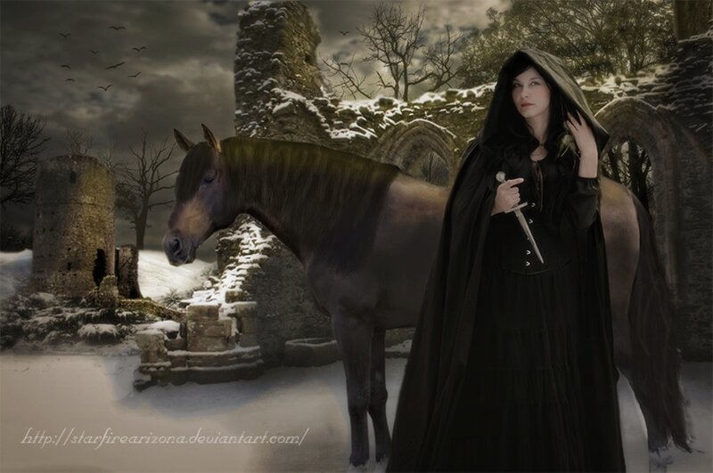 Woman in Black Cloak — Dramatic, Winter, Digital Art, Horse