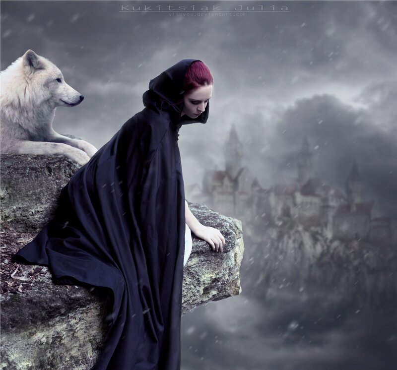 Woman in Black Cloak — Dramatic, Winter, Digital Art, Wolf
