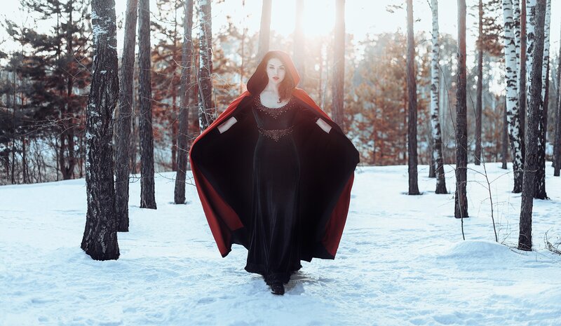 Woman in Black Cloak — Dramatic, Winter, Photograph, Forest