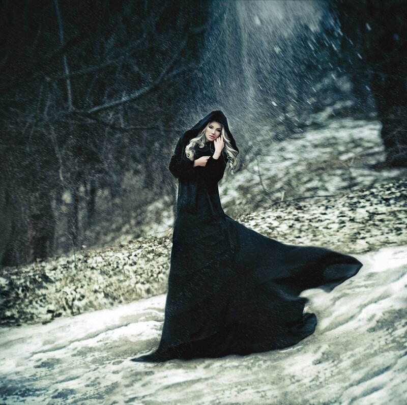 Woman in Black Cloak — Dramatic, Winter, Photograph
