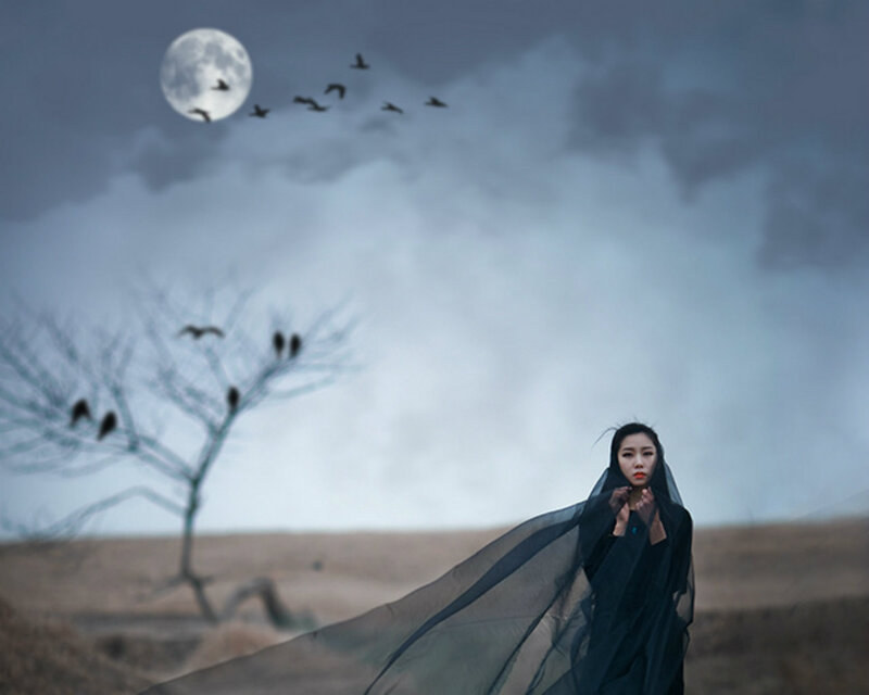 Woman in Black Cloak — Gray, Dramatic, Night