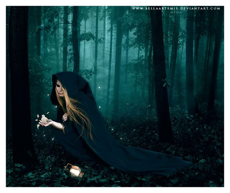 Woman in Black Cloak — Green, Mysterious, Night, Digital Art