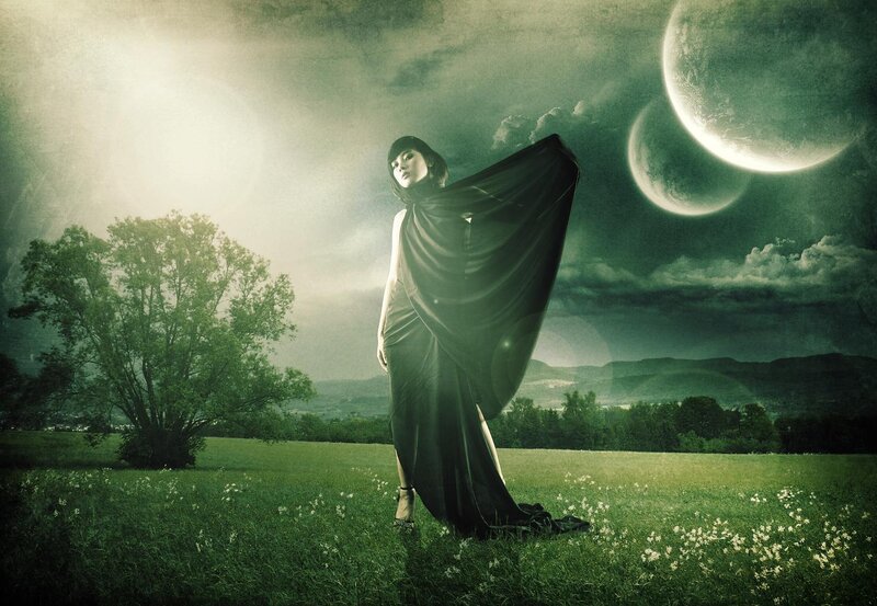 Woman in Black Cloak — Green