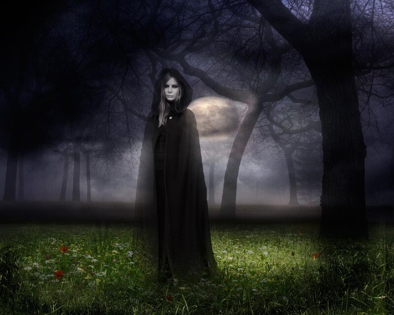 Woman in Black Cloak — Mysterious, Night, Digital Art, Forest
