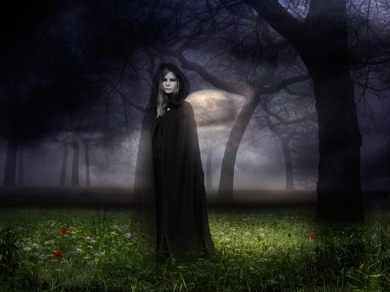 Woman in Black Cloak — Mysterious, Night, Digital Art