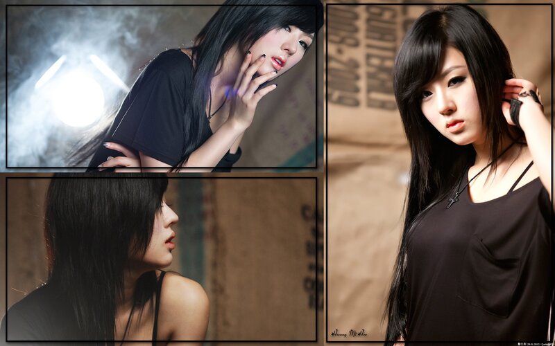 woman in black clothing collage