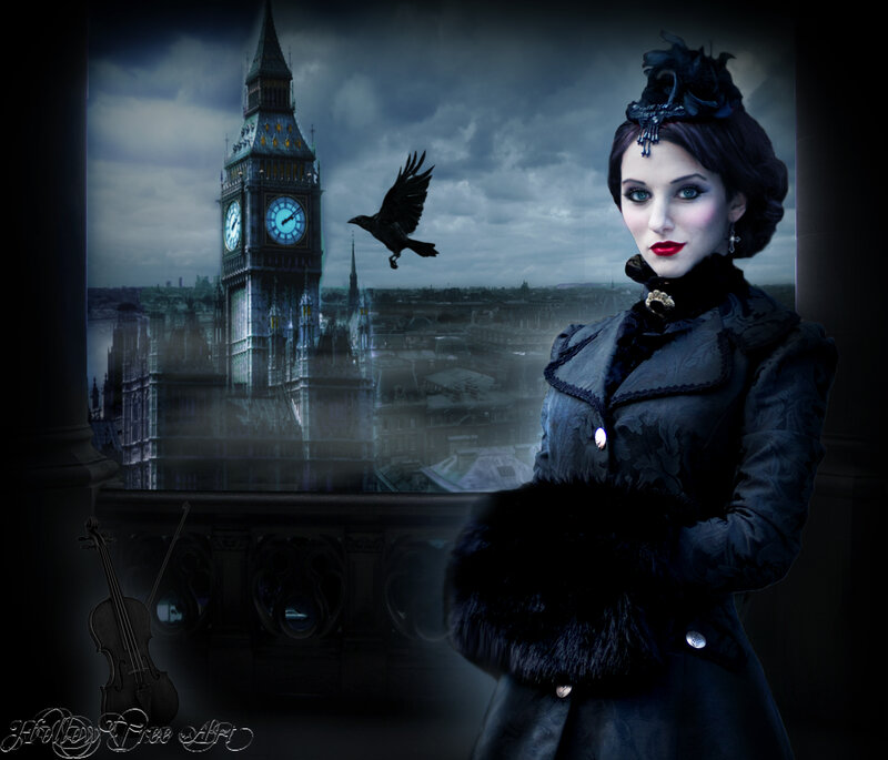 Woman in Black Coat — Dramatic, Night, Digital Art, Big Ben